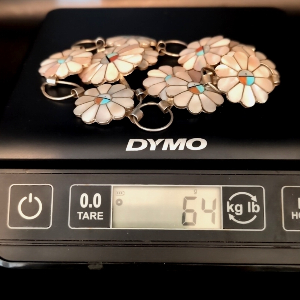 Sterling Silver Zuni Native American Sun Face MOP Turquoise Concho Belt Necklace - Picture 9 of 10